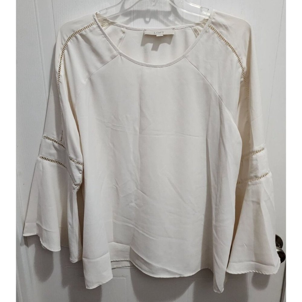 LOFT Women's Long Bell Sleeve Round Neck Pullover‎ Blouse Top Off White Size M